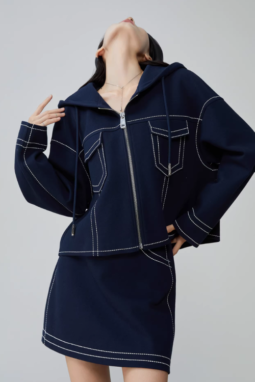 Denim-Style Zip Hoodie / Elastic Waist Mini Skirt