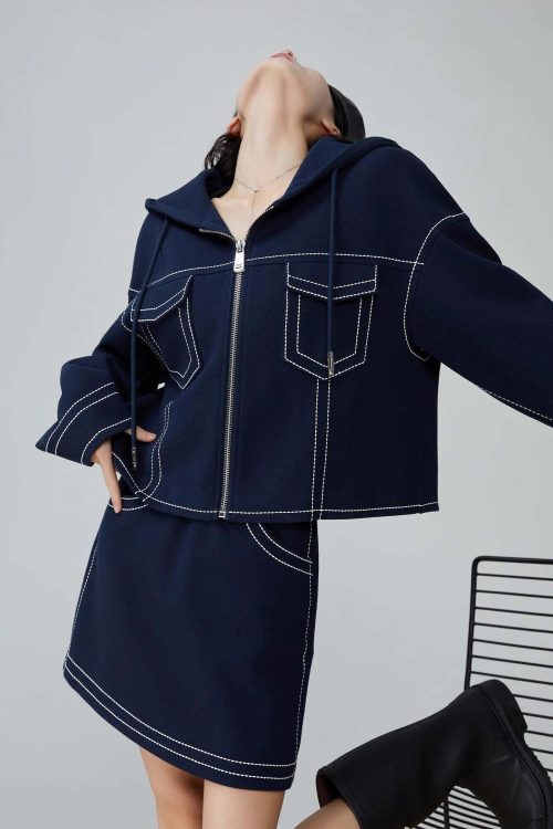 Denim-Style Zip Hoodie / Elastic Waist Mini Skirt