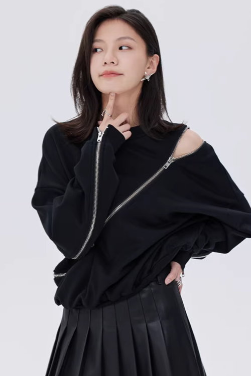 Diagonal Zip Design Long-Sleeve Top