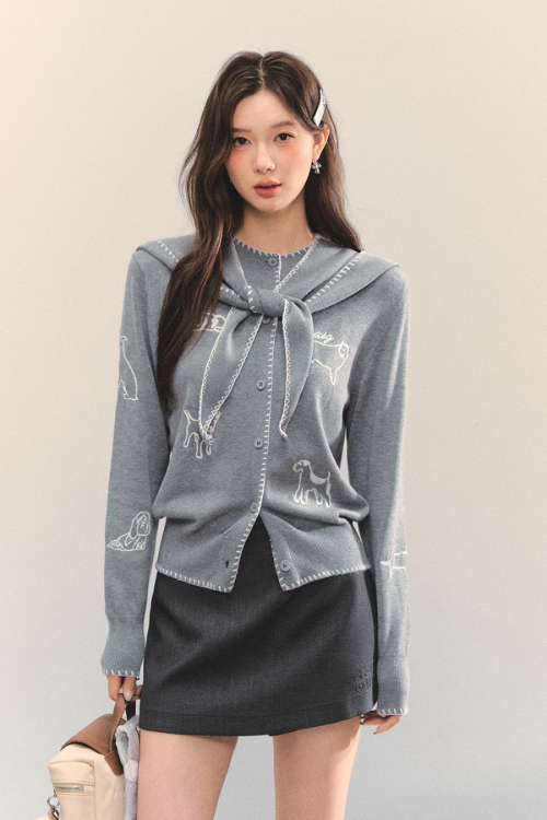 Dog Embroidery Round Neck Knit Cardigan