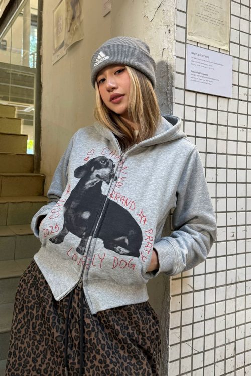 Dog Print Double Zip Hoodie