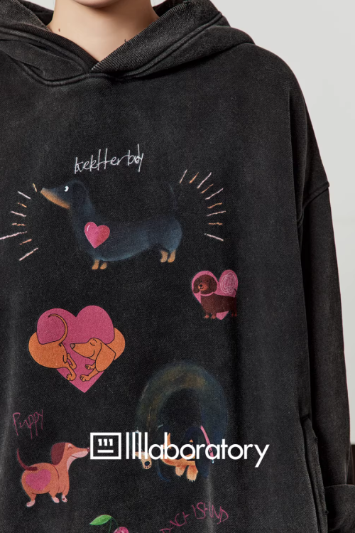 Dog Print Retro Hoodie / Pink Mini Skirt