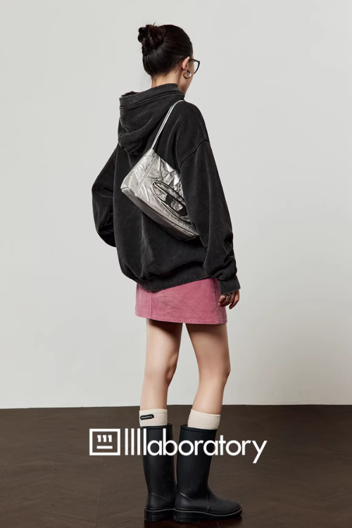 Dog Print Retro Hoodie / Pink Mini Skirt