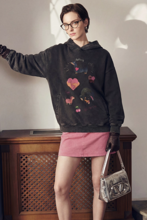 Dog Print Retro Hoodie / Pink Mini Skirt