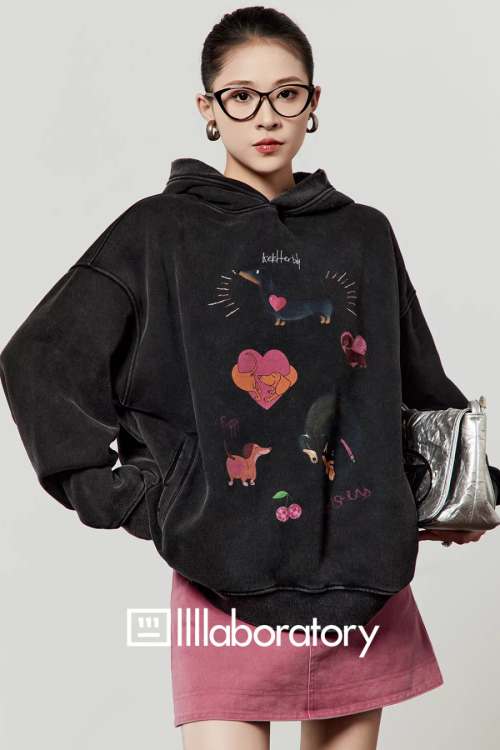 Dog Print Retro Hoodie / Pink Mini Skirt