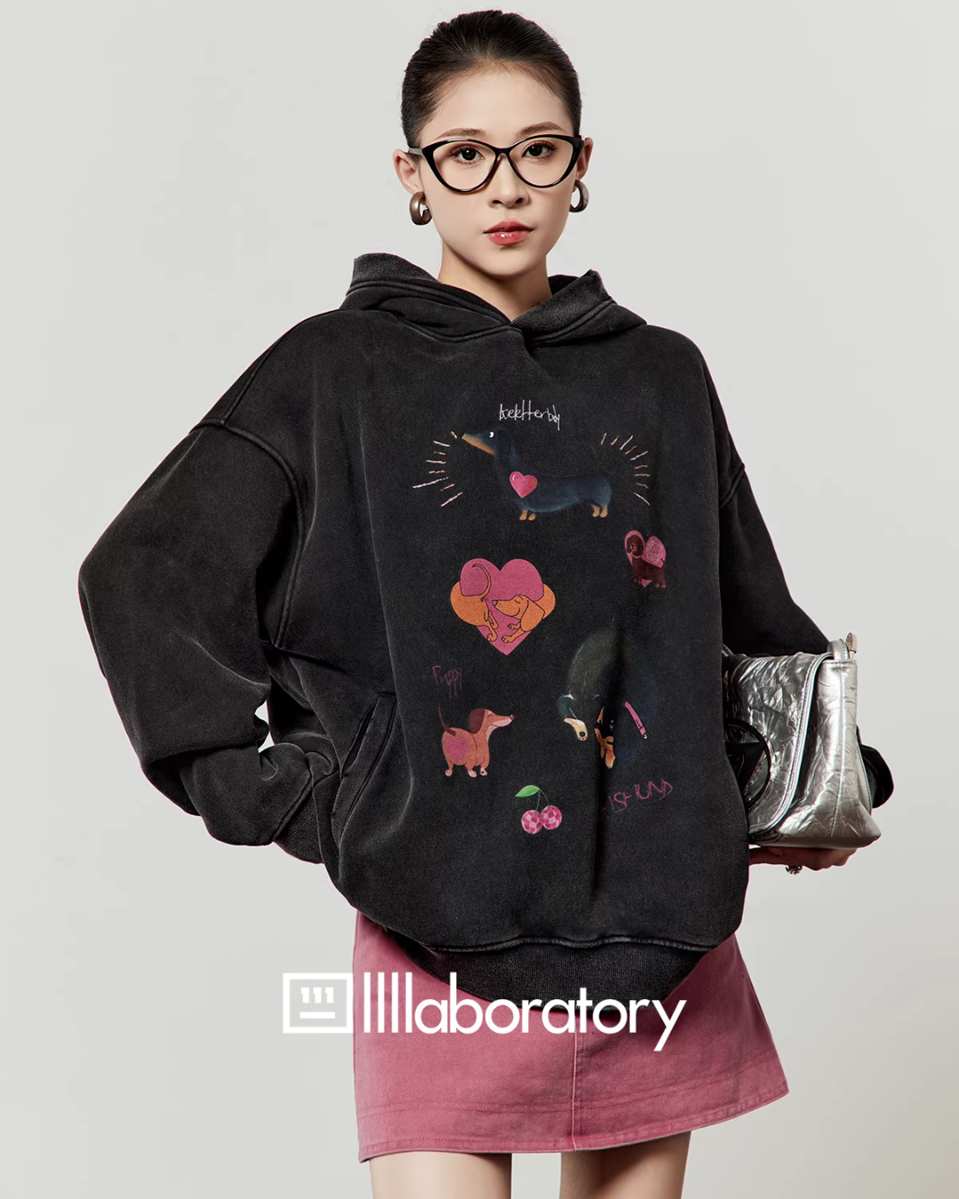 Dog Print Retro Hoodie / Pink Mini Skirt Dog Print Retro Hoodie / Pink Mini Skirt