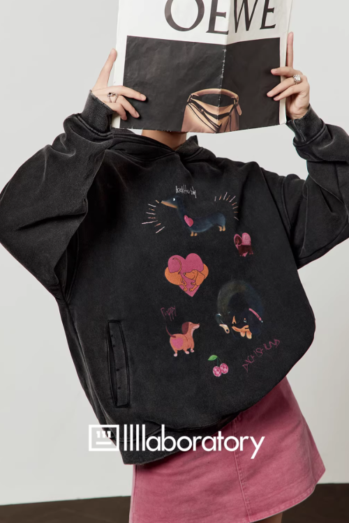 Dog Print Retro Hoodie / Pink Mini Skirt