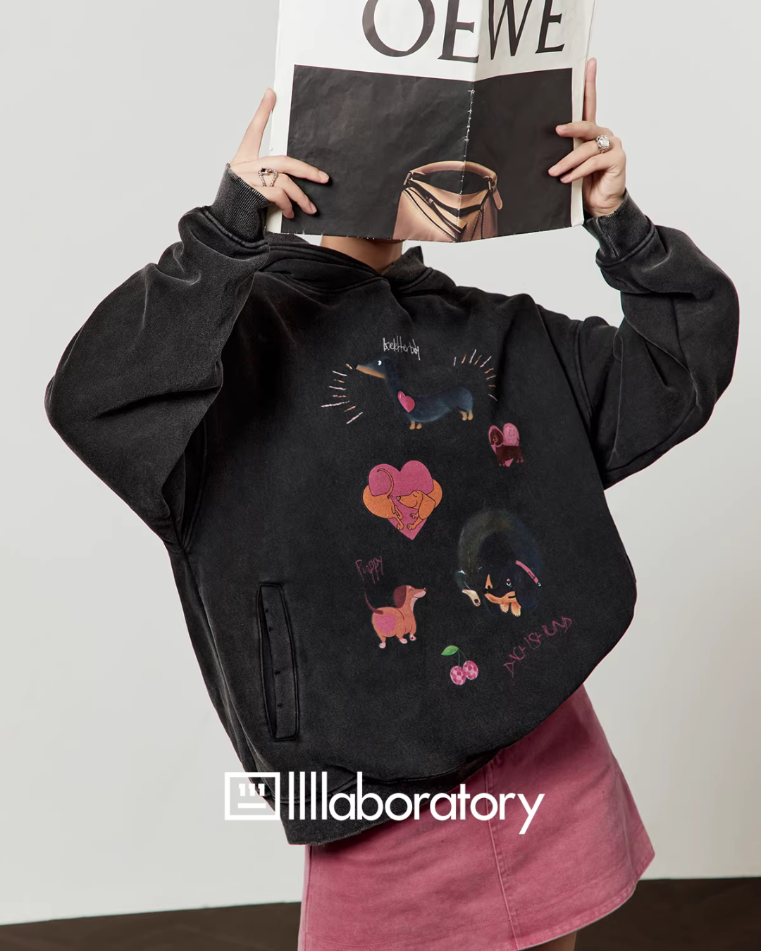 Dog Print Retro Hoodie / Pink Mini Skirt Dog Print Retro Hoodie / Pink Mini Skirt