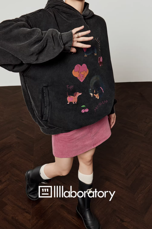 Dog Print Retro Hoodie / Pink Mini Skirt