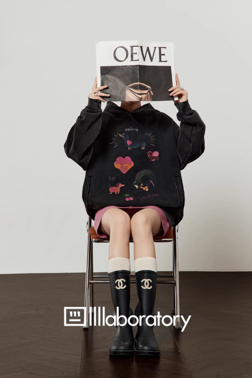 Dog Print Retro Hoodie / Pink Mini Skirt