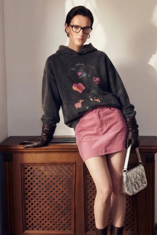Dog Print Retro Hoodie / Pink Mini Skirt