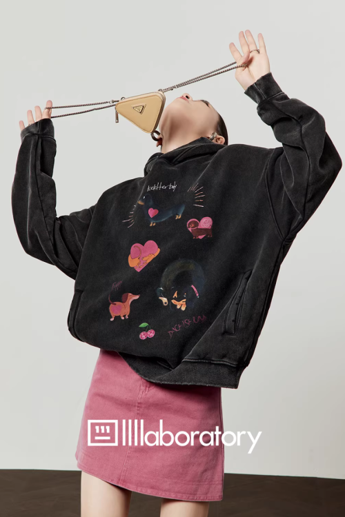 Dog Print Retro Hoodie / Pink Mini Skirt