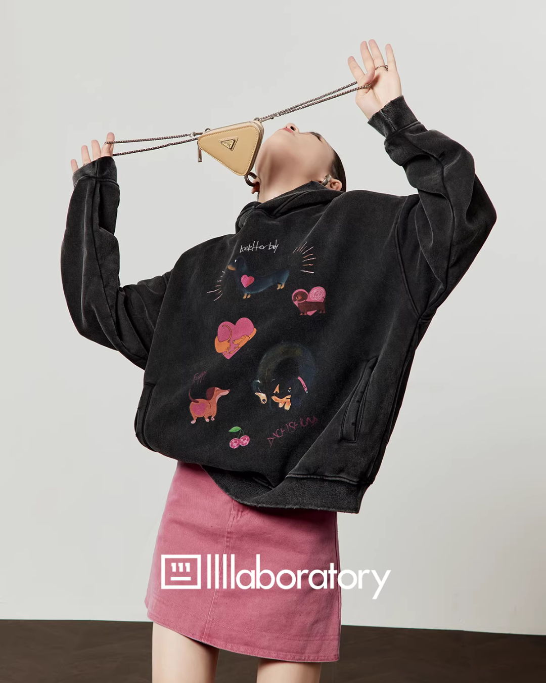 Dog Print Retro Hoodie / Pink Mini Skirt Dog Print Retro Hoodie / Pink Mini Skirt