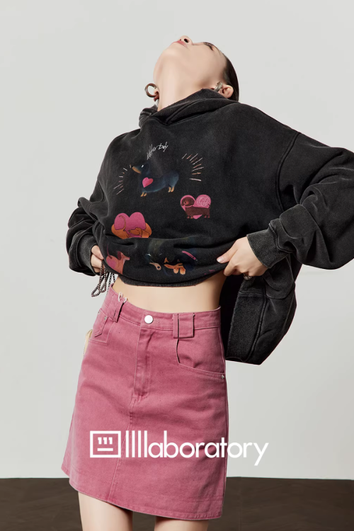 Dog Print Retro Hoodie / Pink Mini Skirt