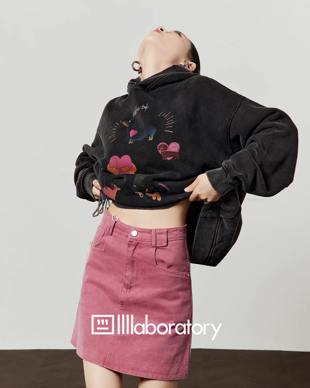 Dog Print Retro Hoodie / Pink Mini Skirt Dog Print Retro Hoodie / Pink Mini Skirt