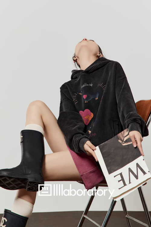 Dog Print Retro Hoodie / Pink Mini Skirt