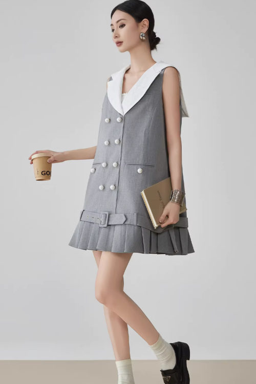 Double-Button Flare Mini Dress