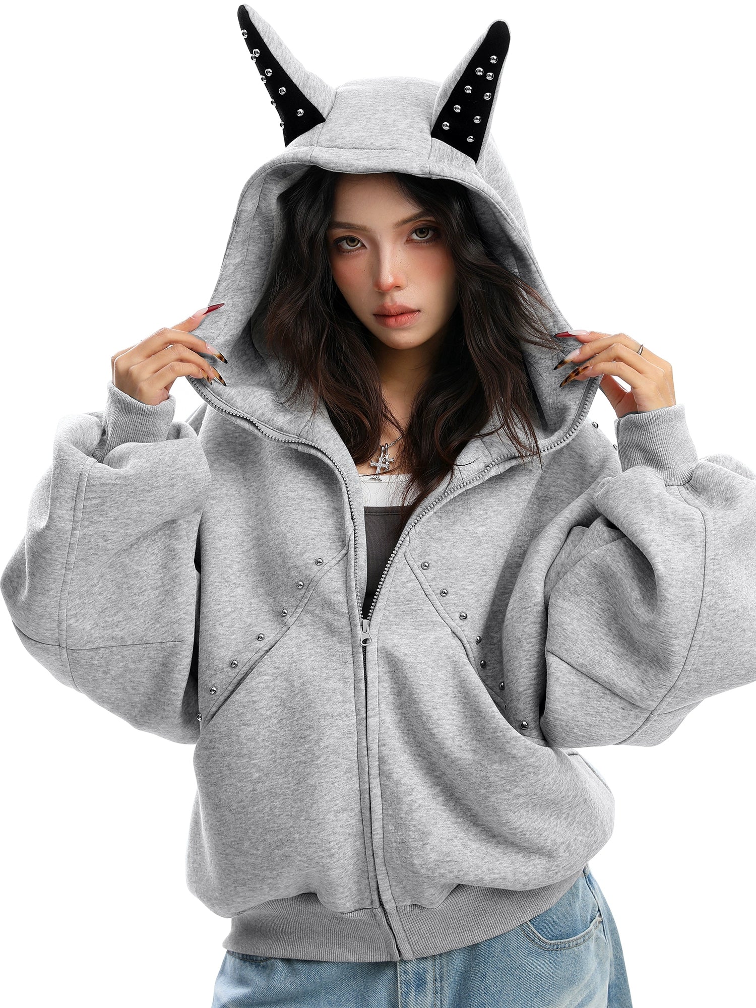 Ear Design Studded Hoodie Ear Design Studded Hoodie