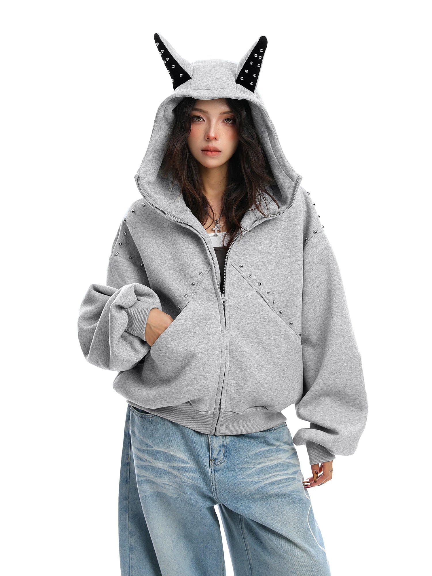 Ear Design Studded Hoodie Ear Design Studded Hoodie