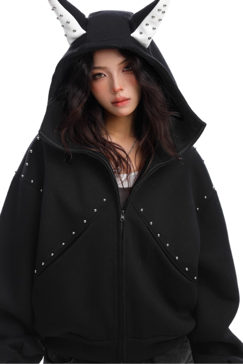 Ear Design Studded Hoodie
