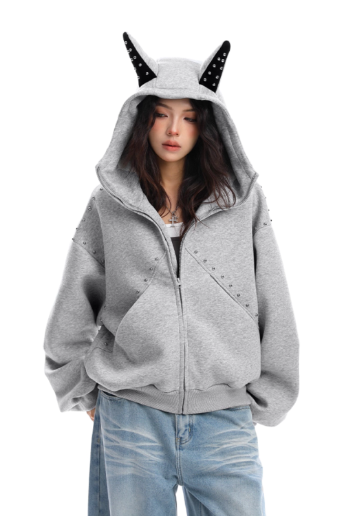 Ear Design Studded Hoodie