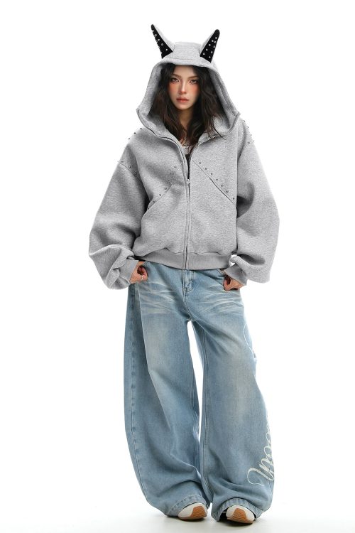 Ear Design Studded Hoodie