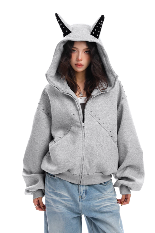 Ear Design Studded Hoodie