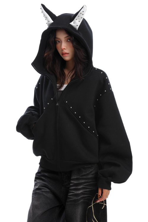 Ear Design Studded Hoodie