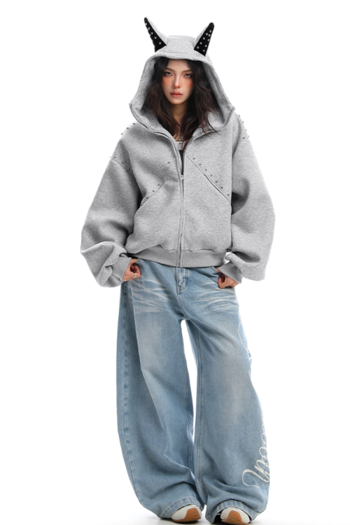 Ear Design Studded Hoodie