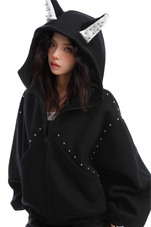 Ear Design Studded Hoodie