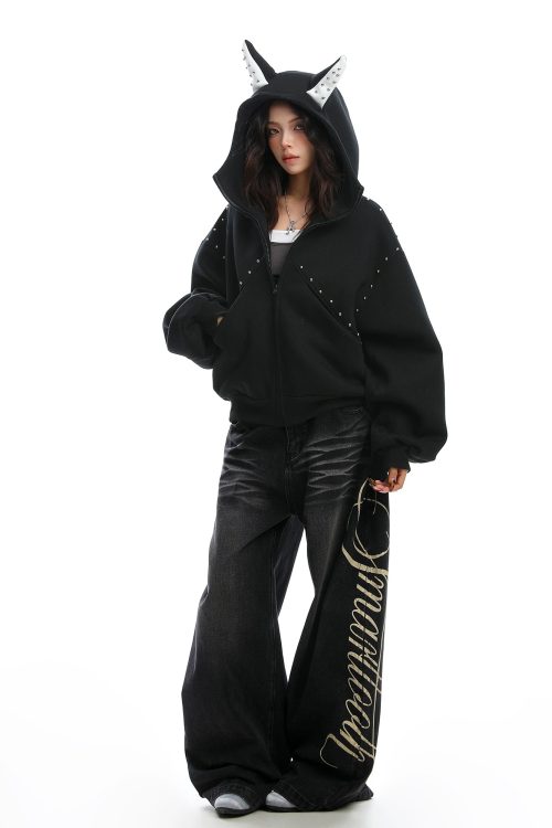 Ear Design Studded Hoodie