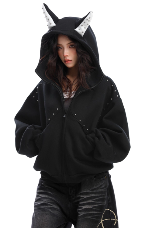 Ear Design Studded Hoodie