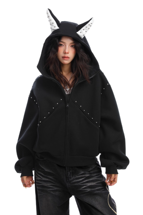 Ear Design Studded Hoodie