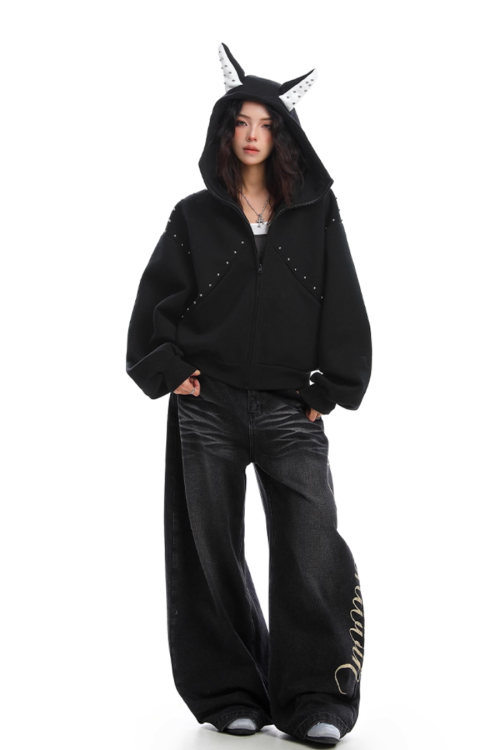 Ear Design Studded Hoodie