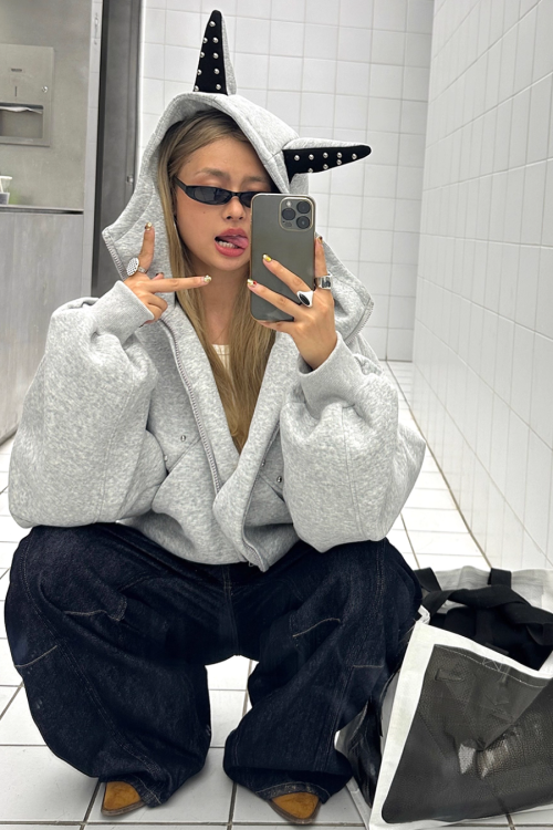 Ear Hood Long Sleeve Zip Hoodie