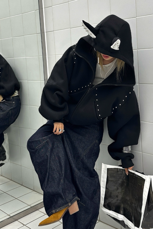 Ear Hood Long Sleeve Zip Hoodie