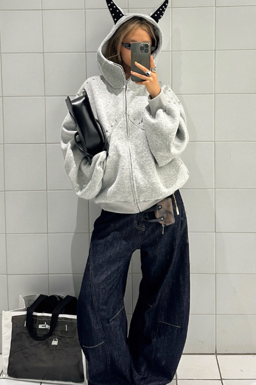 Ear Hood Long Sleeve Zip Hoodie