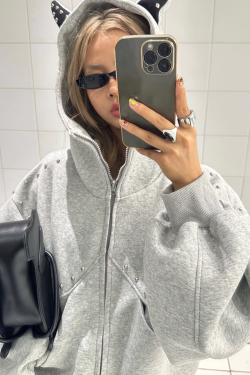 Ear Hood Long Sleeve Zip Hoodie