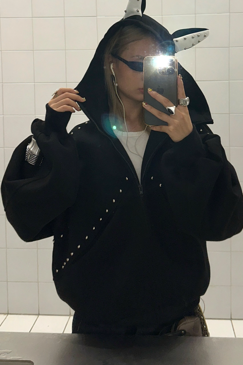 Ear Hood Long Sleeve Zip Hoodie