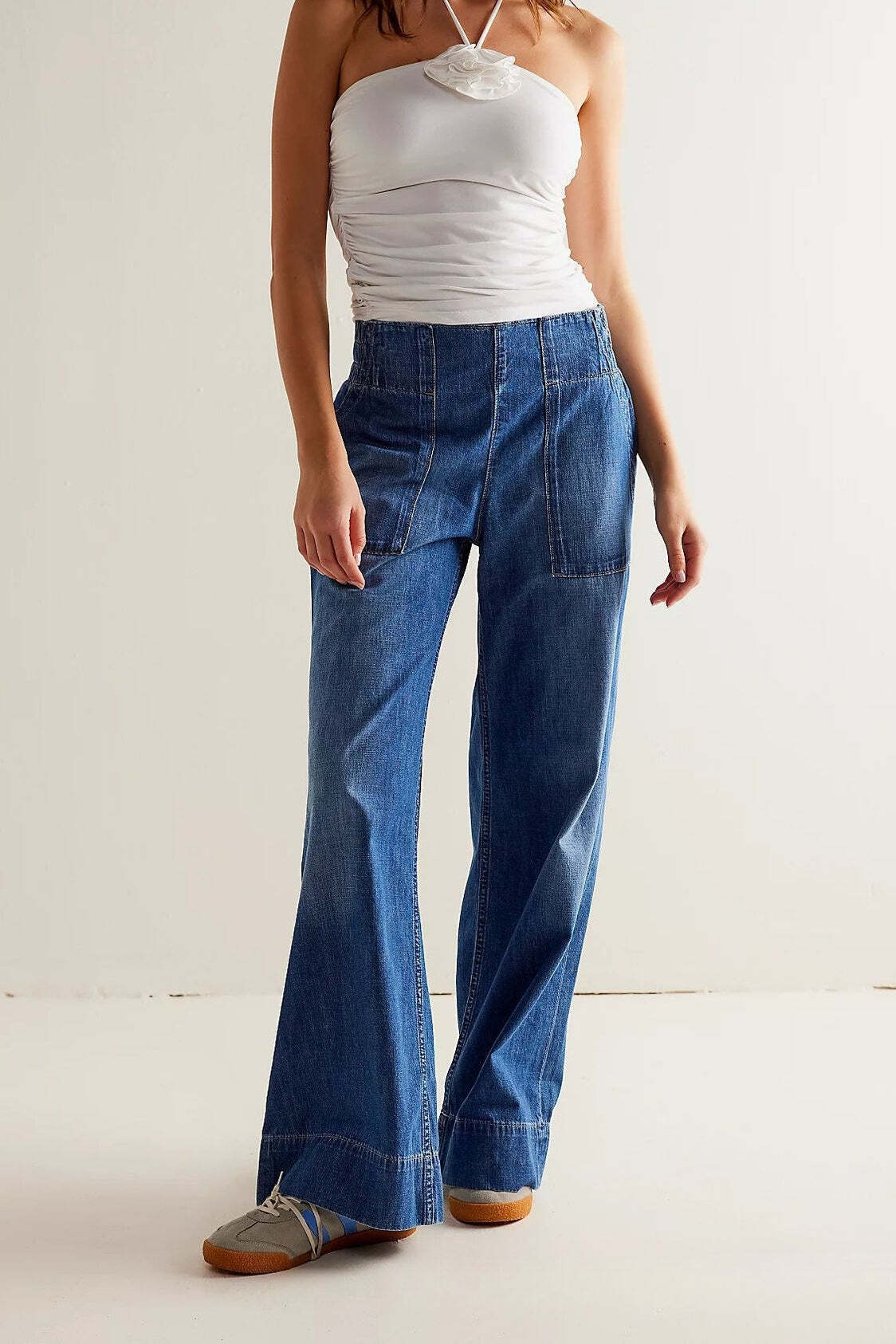 Elastic Waist Mid Rise Ruched Loose Wide Leg Jeans