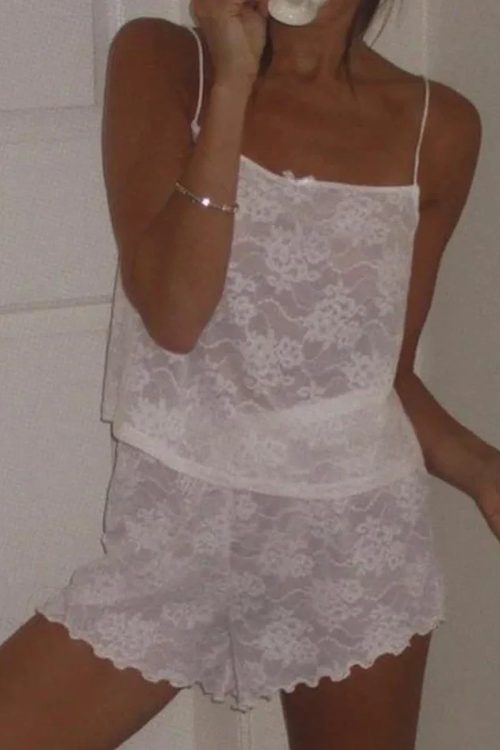 Elegance Comfy Floral Lace Lingerie Set Fairy Coquette 2 Piece Kawaii Crop Tops Camis + Shorts Pajamas 00s Retro Y2K Outfits