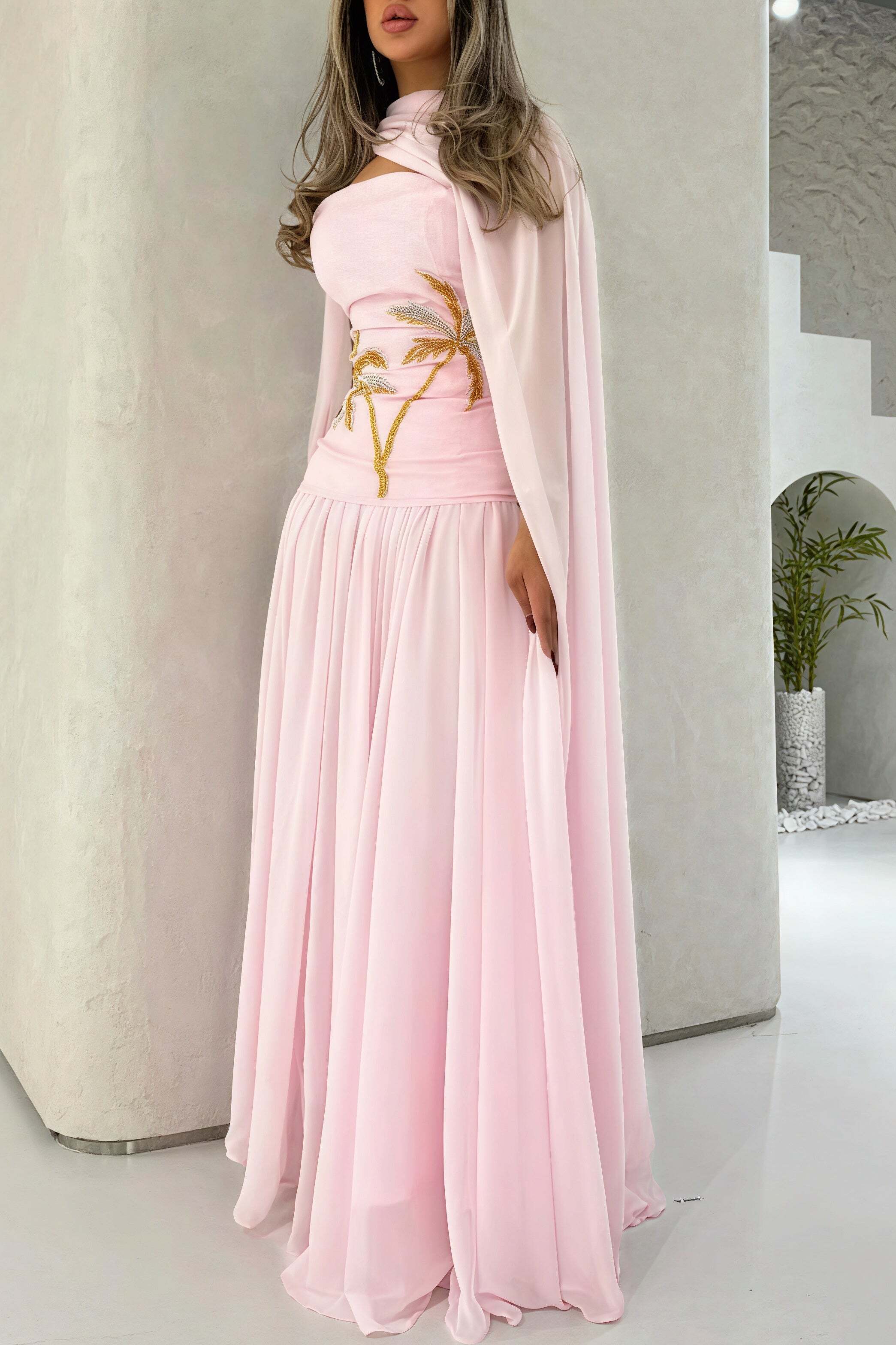 Elegant Chiffon Cape Beaded Maxi Dress
