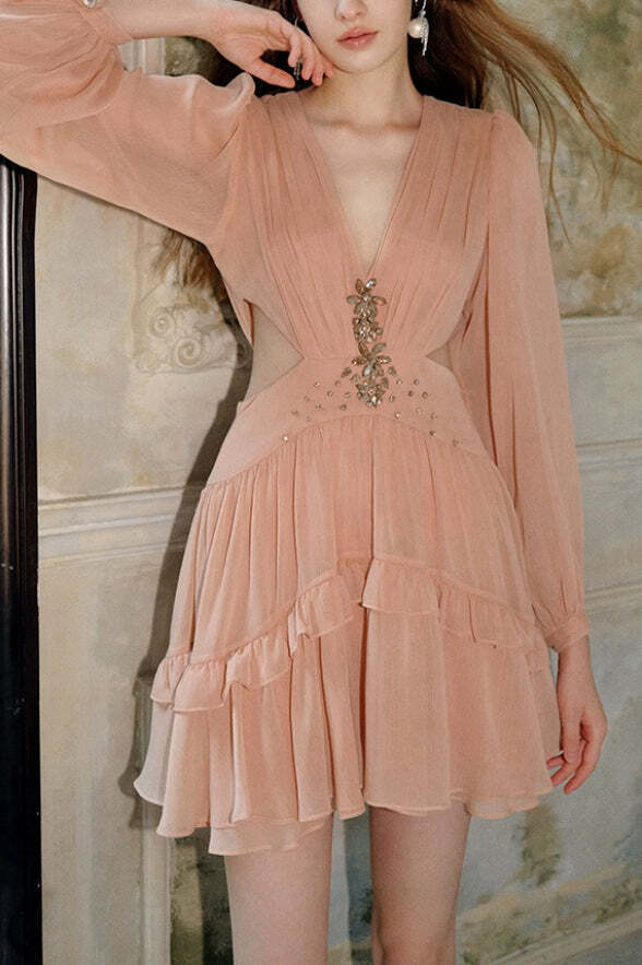 Elegant Deep V Cut Out Waist Rhinestone Chiffon Mini Dress Elegant Deep V Cut Out Waist Rhinestone Chiffon Mini Dress