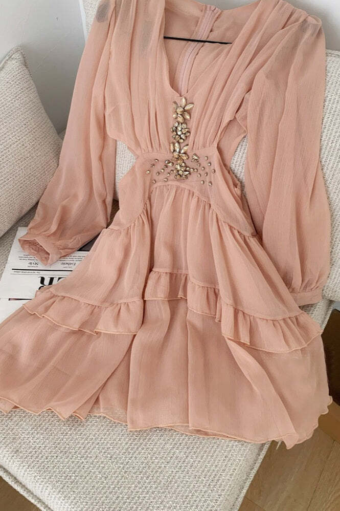 Elegant Deep V Cut Out Waist Rhinestone Chiffon Mini Dress Elegant Deep V Cut Out Waist Rhinestone Chiffon Mini Dress
