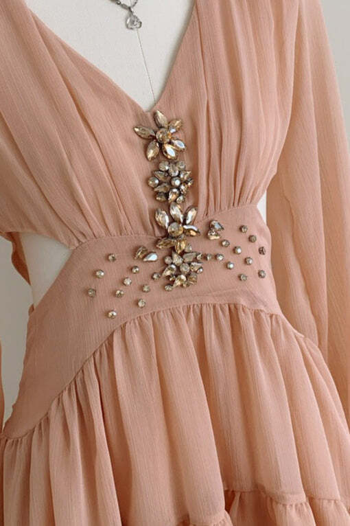 Elegant Deep V Cut Out Waist Rhinestone Chiffon Mini Dress Elegant Deep V Cut Out Waist Rhinestone Chiffon Mini Dress