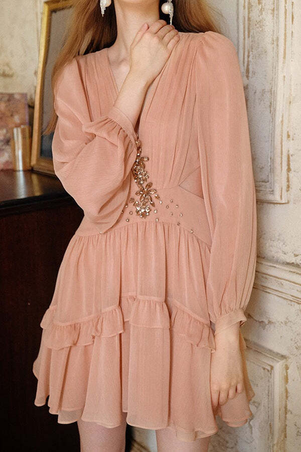 Elegant Deep V Cut Out Waist Rhinestone Chiffon Mini Dress Elegant Deep V Cut Out Waist Rhinestone Chiffon Mini Dress