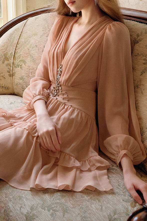 Elegant Deep V Cut Out Waist Rhinestone Chiffon Mini Dress Elegant Deep V Cut Out Waist Rhinestone Chiffon Mini Dress