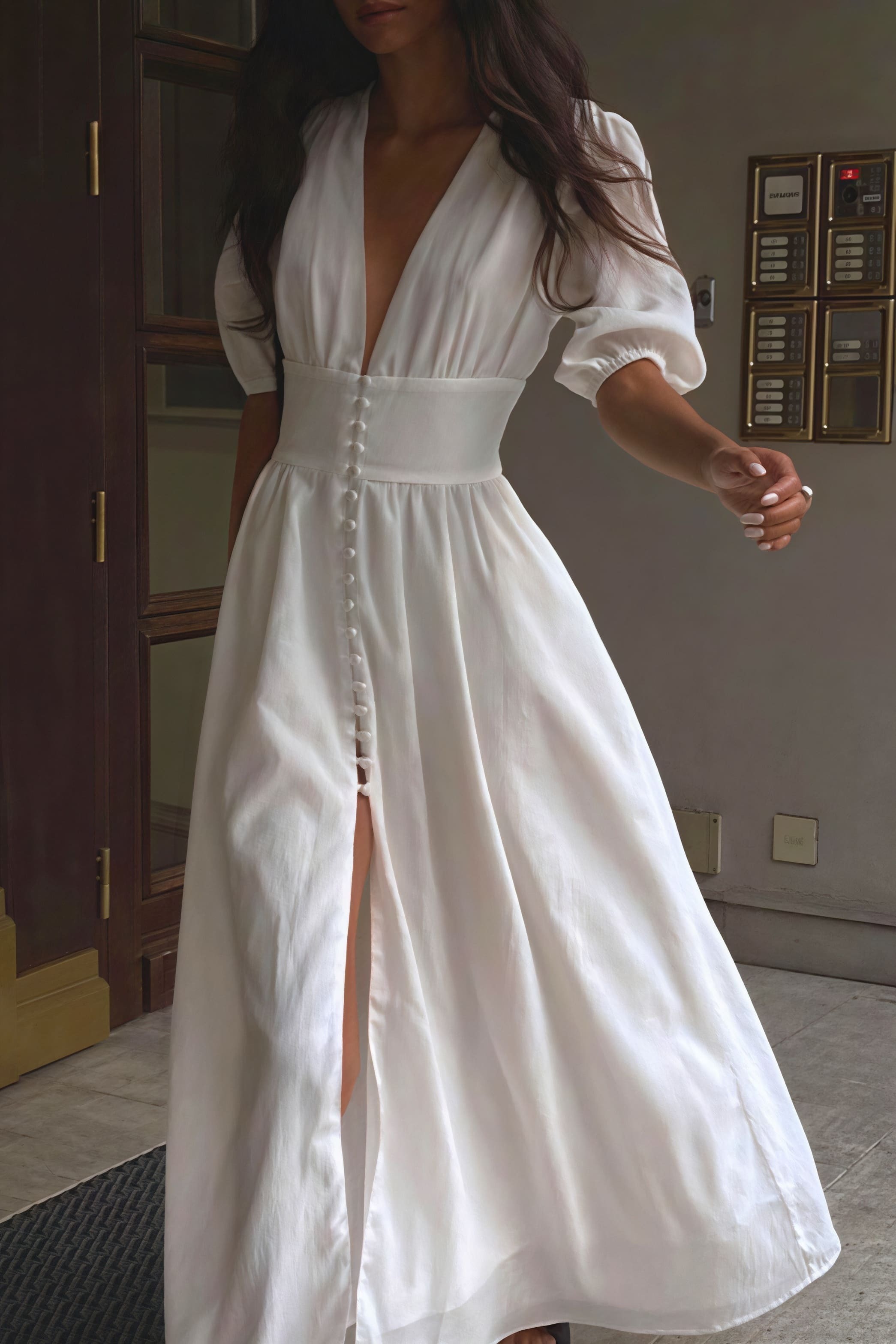 Elegant Puff Sleeve Deep V Slit Midi Dress