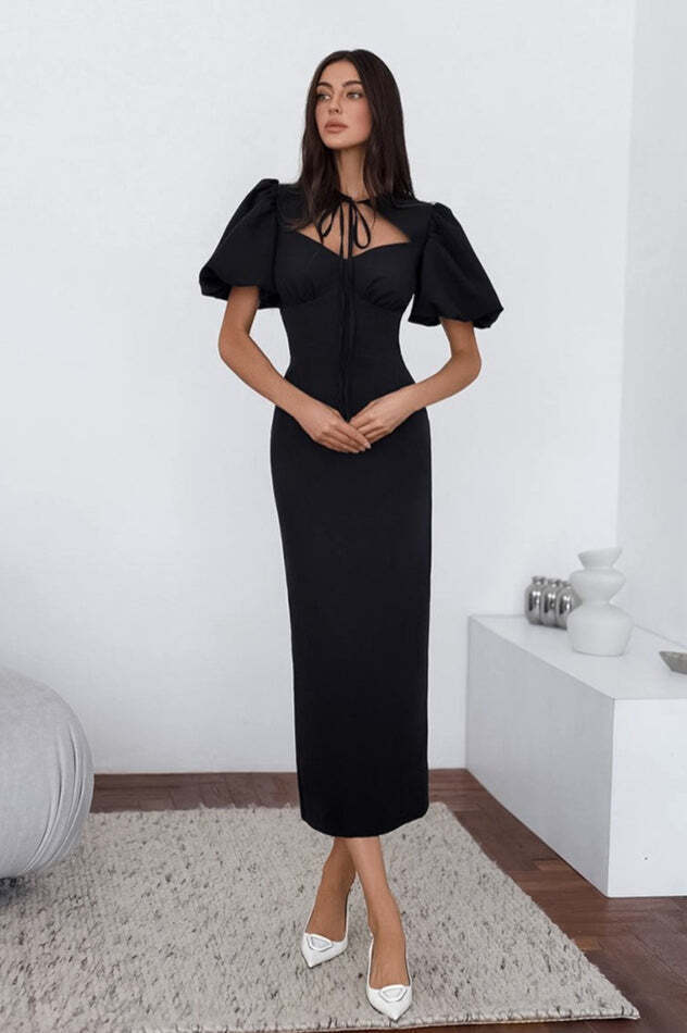 Elegant Sexy Puff Sleeve Bodycon Maxi Dress