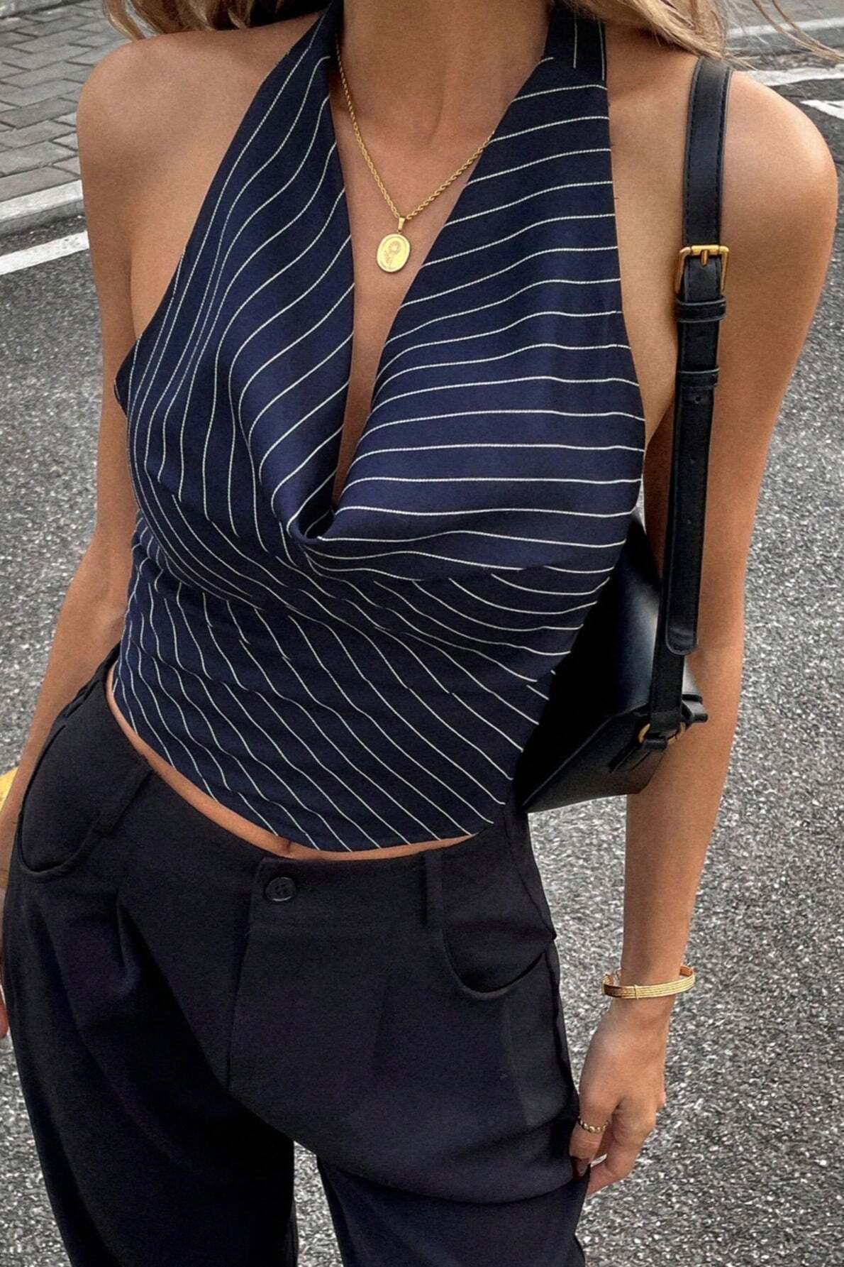 Elegant Stripe Halter Draped Tank Top Elegant Stripe Halter Draped Tank Top